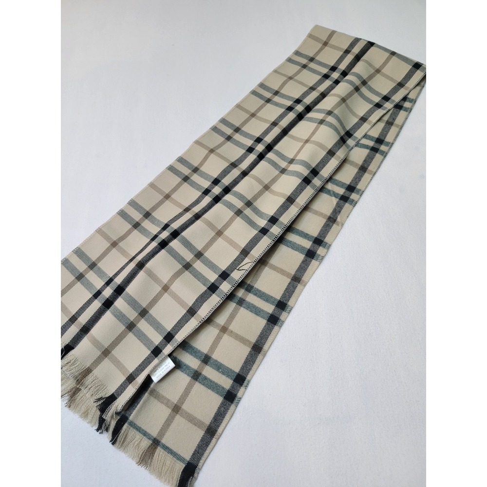 Vintage Plaid Wool Blend Scarf Beige Black Check Fringed Rectangular Wrap  2512